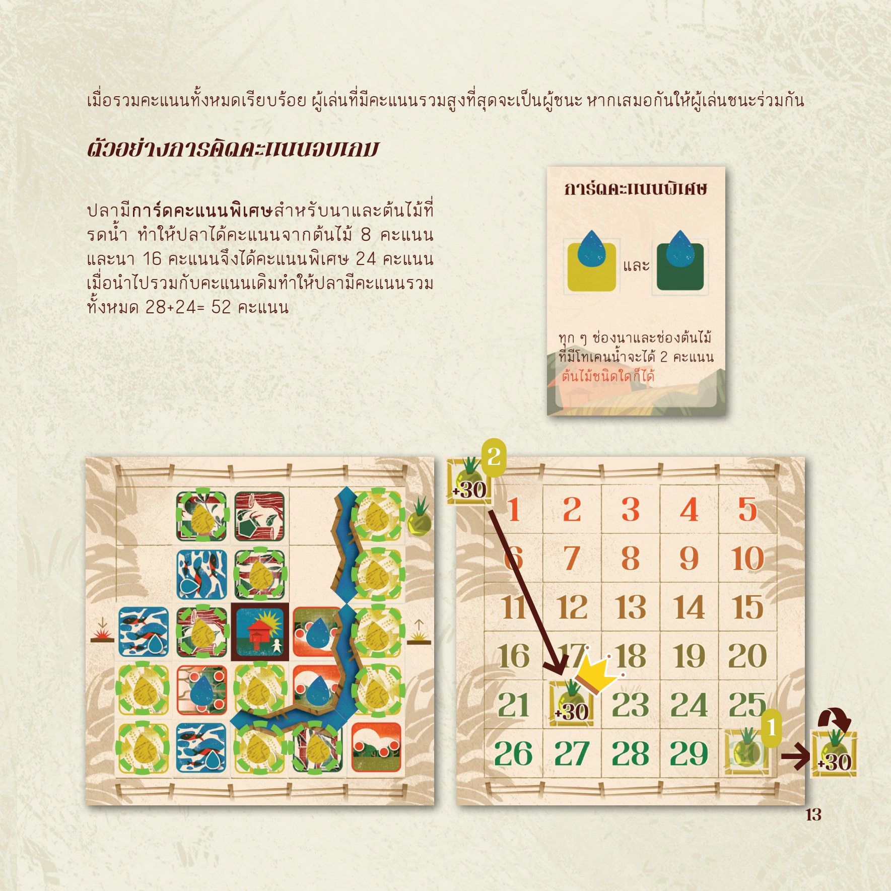 ตัวอย่างการจัดวางแผ่นไร่ คลองไส้ไก่ พืช และกระดานคะแนนในเกมไร่ยั่งยืน